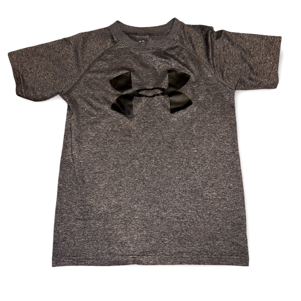 Under Armour Boys T-Shirt Youth Small HeatGear Gray With Black Logo
